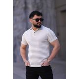 L-KOM Erkek Polo Yaka Çizgili Triko T-Shirt - Beyaz - Gri - XL