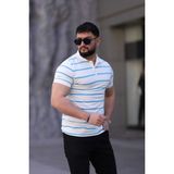 L-KOM Erkek Polo Yaka Çizgili Triko T-Shirt - Beyaz - Mavi - 2XL