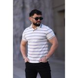 L-KOM Erkek Polo Yaka Çizgili Triko T-Shirt - Beyaz - Mavi - XL