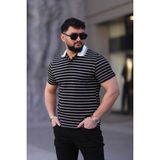 L-KOM Erkek Polo Yaka Çizgili Triko T-Shirt - Beyaz - Siyah - XL