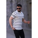 L-KOM Erkek Polo Yaka Çizgili Triko T-Shirt - Beyaz - Siyah