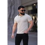 L-KOM Erkek Polo Yaka Çizgili Triko T-Shirt - Beyaz - Yeşil - XL