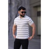 L-KOM Erkek Polo Yaka Çizgili Triko T-Shirt - Beyaz - Yeşil