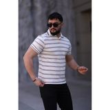 L-KOM Erkek Polo Yaka Çizgili Triko T-Shirt - Kahverengi - Beyaz