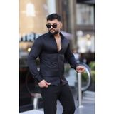 L-KOM Erkek Slim Fit Saten Dokulu Gömlek - Siyah