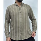 L-KOM Regular Çizgili Erkek Gömlek %100 Pamuk Rahat Kesim - Haki - 2XL