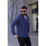 L-KOM Regular Çizgili Erkek Gömlek %100 Pamuk Rahat Kesim - Lacivert - XL