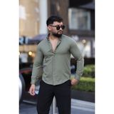 L-KOM Saklı Düğmeli Slim Fit Klasik Yaka Uzun Kol Pamuk Gömlek - Haki - XL