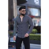 L-KOM Siyah Beyaz Çizgili Slim Fit Uzun Kol Erkek Gömlek - Modern Şık Stil