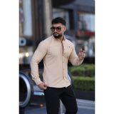 L-KOM Slim Fit Uzun Kollu Klasik Yaka Düğmeli Gömlek - Şık & Günlük Kombin - Bej - 2XL