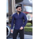 L-KOM Slim Fit Uzun Kollu Klasik Yaka Düğmeli Gömlek - Şık & Günlük Kombin - Lacivert - 2XL