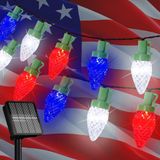 L LAMPOP 4 Temmuz Süslemeleri C7 Ampul Solar String Işıklar Açık Su Geçirmez 50 LED Kırmızı Beyaz Mavi Güneş Işıkları Bağımsızlık Günü Başkan Anma Günü Noel Partisi Vatansever Süslemeleri