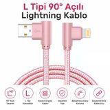 L Tipi 90 Açılı Lightning Şarj Kablosu İphone Uyumlu Naylon Örgülü Dayanıklı Kablo
