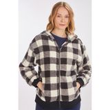 L10158W Rıanna Kapüşonlu Ekose Peluş Ceket - Siyah - Gri