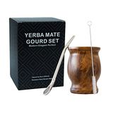 LA FEE Yerba Mate Doğal Kabak/Çay Bardağı Seti Kahverengi (Orijinal Geleneksel Mate Kupası - 8 oz), Yerba Mate Hasır ve Temizleme Fırçası içerir, Paslanmaz Çelik | Çift Duvarlı | Temizlemesi Kolay