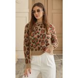La Lilyum, Leopar Desen Yumoş Kadın Kazak - Yumuşak Dokulu, Sıcak ve Şık Triko - Standart - Kahverengi - Leopar