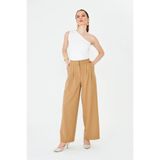 LA PANTE Kadın Pantolon Önden Pileli Geniş Paça Pantolon Likralı Bol Paça Rahat Camel Renk