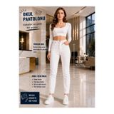 LA TUBA Beyaz Okul Pantolonu Yüksek Bel Esnek Boru Paça Boyfriend Kadın Mom Jean's