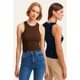 la & vetta 2'li Paket Fitilli Halter Yaka Örme Atlet - Kahverengi - Lacivert