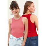 la & vetta 2'li Paket Fitilli Halter Yaka Örme Atlet - Pembe - Kırmızı