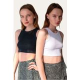 la & vetta 2'li Paket Siyah Beyaz Fitilli Örme Süper Crop Bluz