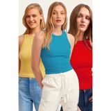 la & vetta 3'lü Paket Fitilli Halter Yaka Örme Atlet - Mavi - Kırmızı - Sarı