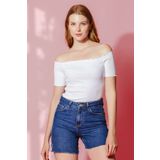 la & vetta Beyaz Örme Carmen Yaka Crop Bluz