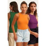 la & vetta Kadın 3'lü Paket Fitilli Halter Yaka Örme Atlet %95 Pamuk %5 Lycra - Hardal - Mürdüm