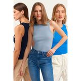 la & vetta Kadın Örme Atlet Nefes Alabilir Fitilli Halter Yaka 3'lü Paket %95 Pamuk - Lacivert - Mavi