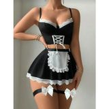 LA VIOR STYLE La Vıor Siyah Jartiyerli Fantazi Fiyonklu Kostüm Seksi Gecelik - 000 - Siyah - XL