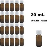 Labbakkal Cam Ecza Şişe 20 ml Kahve - Beyaz Kilitli 25 mm Kapak 20 Adet