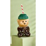 Labioccoo Ayıcık Figürlü Cam Bardak, Yeşil Bere Kapaklı, Viral Teddy Bear Kupa, 550ml, Soğuk İçecek Bardağı, 17.5cm Yükseklik