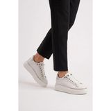 Labrona Kadın Yüksek Tabanlı Bağcıklı Ortopedik Taban Yürüyüş Ayakkabısı Sneakers - Beyaz - Gümüş