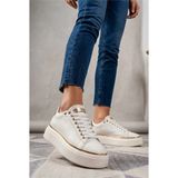 Labrona Kadın Yüksek Tabanlı Bağcıklı Ortopedik Taban Yürüyüş Ayakkabısı Sneakers - Beyaz