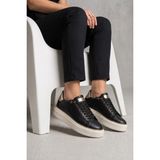 Labrona Kadın Yüksek Tabanlı Bağcıklı Ortopedik Taban Yürüyüş Ayakkabısı Sneakers - Siyah