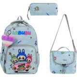 Labubu Ilkokul Çantası 3'lü Set 42*30 cm Beslenme Çantası Kalem Kutusu Ortopedik Su Itici Kumaş - Mavi