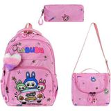 Labubu Ilkokul Çantası 3'lü Set 42*30 cm Beslenme Çantası Kalem Kutusu Ortopedik Su Itici Kumaş - Pembe