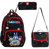 Labubu Ilkokul Çantası 3'lü Set 42*30 cm Beslenme Çantası Kalem Kutusu Ortopedik Su Itici Kumaş - Siyah
