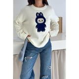 Labubu Nakışlı Kışlık Triko Kazak - Yeni Sezon Oversize Tasarım 66022 - Beyaz - Standart