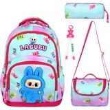 Labubu Oyuncak Bebek Desenli Üçlü Çocuk Ilkokul Okul Çantası Seti (Çanta Termal Beslenme Çantası Kalemlik) - Mavi - Pembe