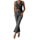 LACARINO Kadın Yüksek Bel Slim Fit Jean Pantolon, Gri Taşlı, 34 Beden