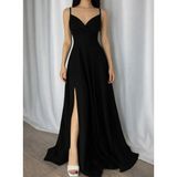 Lacase Kadın Siyah Askılı Kruvaze Yaka Yırtmaçlı Maxi Abiye Elbise 452400, S - 2XL