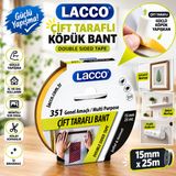 Lacco Çift Taraflı Köpük Bant 15 mm x 25 m Güçlü Yapışkanlı Montaj Bandı Çok Amaçlı Beyaz 1 Adet ST12491