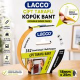 Lacco Çift Taraflı Köpük Bant 18 mm x 25 m Güçlü Yapışkanlı Montaj Bandı Çok Amaçlı Beyaz 1 Adet ST12492