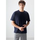 Lacivert %100 Pamuk Kalın Yumuşak Dokulu Oversize Fit Basic Erkek T-Shirt - 88353