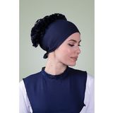 Lacivert Arkadan Bağlamalı Tesettür Bone Viskon Kumaş Fırfır Bone 1006_02