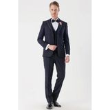 Lacivert Armürlü Çıkarılabilir Mono Yaka Yelekli 6 Drop Slim Fit Smokin Damatlık Takım 1001230202