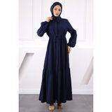 Lacivert Bel Bağlamalı Dantelli Elbise - 38