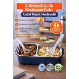 Lacivert Benmarili Paslanmaz Çelik Yemek Kabı 2 Bölmeli Beslenme Kabı Saklama Kabı - 300 ml