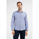 Lacivert - Beyaz Çizgili Desen İtalyan Yaka Uzun Kol Cepsiz Slim Fit Pamuklu Gömlek 1004255217